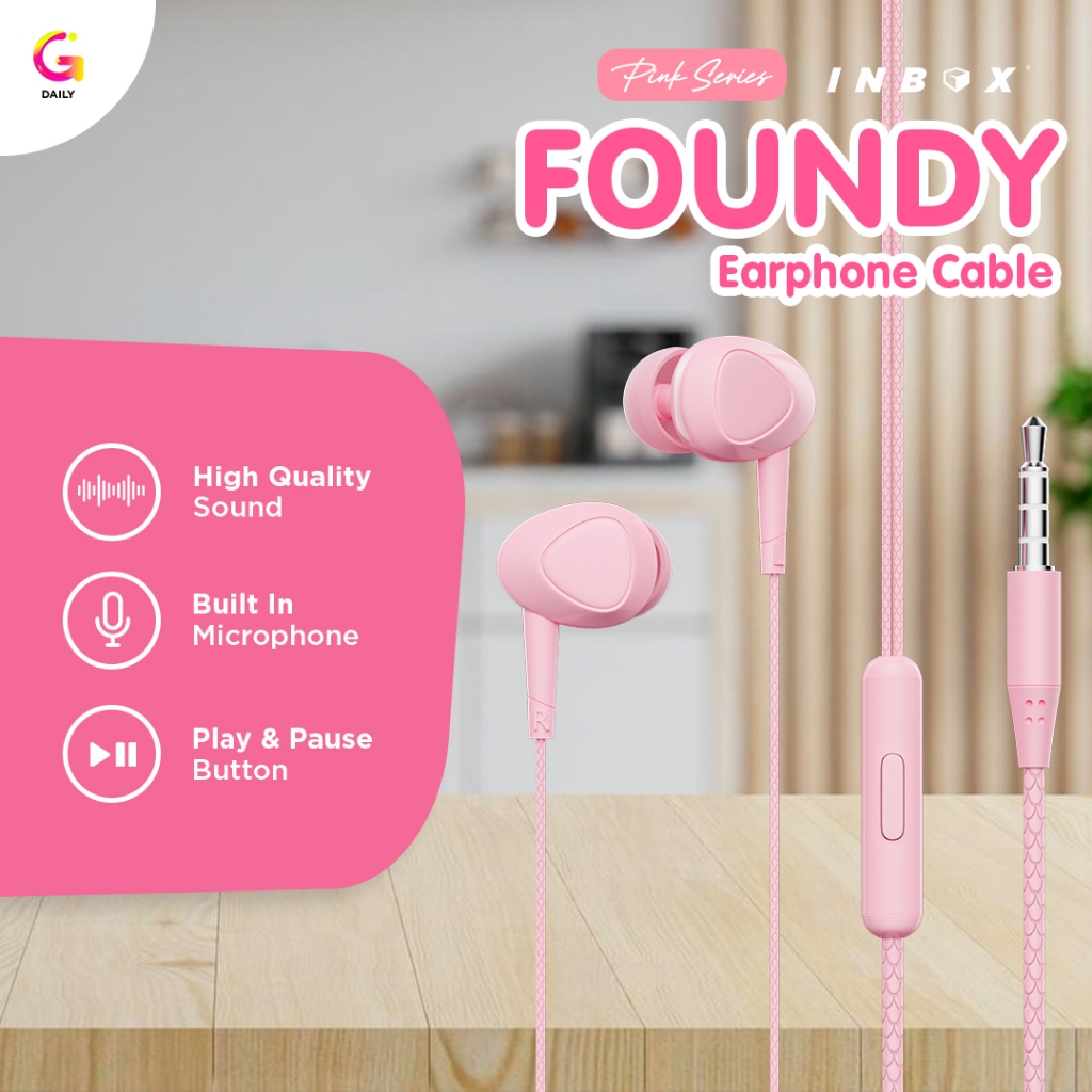 Inbox Foundy Kabel Earphone - Headset Handsfree dengan Microphone - Gaming Pink Edition