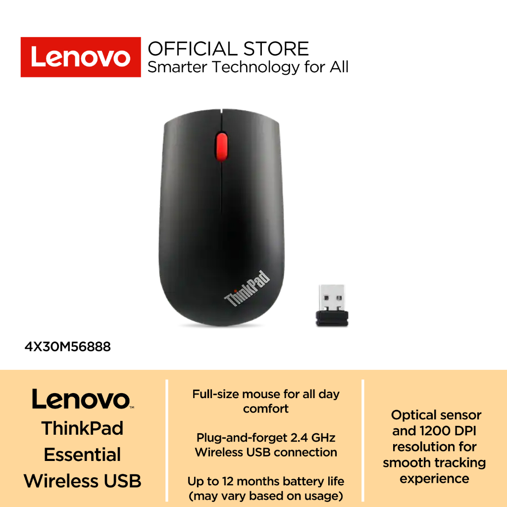 Lenovo Mouse ThinkPad Essential Wireless USB Type-A 2.4GHz, 1200 DPI Garansi 1 Year | 4X30M56888 Bla