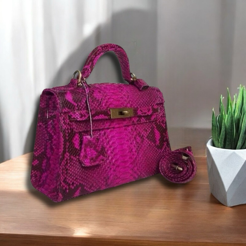 Tas Kulit Ular Piton Asli Wanita Paninta Kelly Phyton Bag Pink Motif Sisik Asli