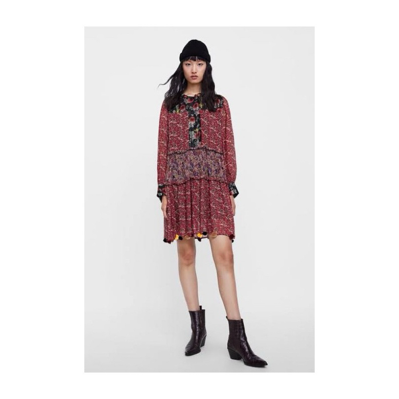 #WOMENS# PATCHWORK PRINT POM POM DRESS By ZARA ORIGINAL STORE RESMI