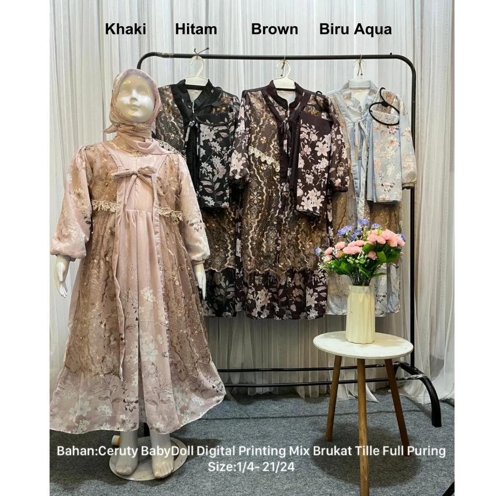 Gamis Ceruty Babydoll New Model 2025 Full Puring Mix Cardigan Brukat Motif Etnic Bunga Kembang Anak 