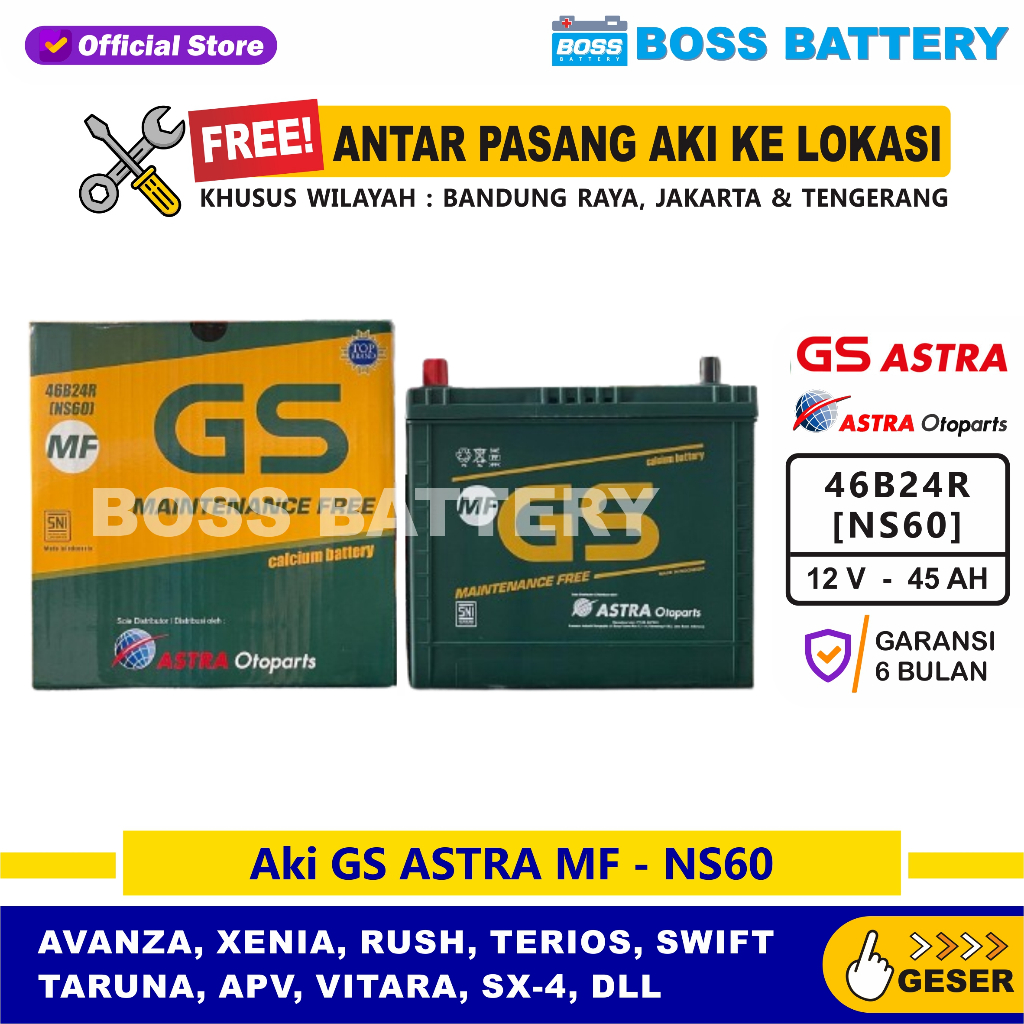 Aki GS MF NS60 - 45 Amper, Aki GS ORIGINAL ASTRA OTOPARTS