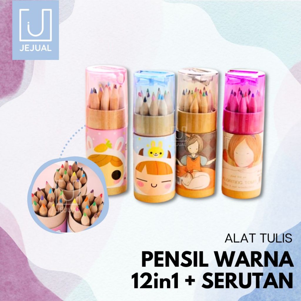 

Pensil Warna 12in1 Tabung dan Serutan/Rautan 12 Warna Warni Mini