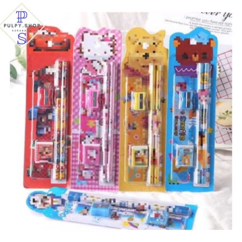 

Alat Tulis Sekolah Stationary Set 5 in 1 Karakter Paket Mini Pensil Penghapus Serutan Penggaris