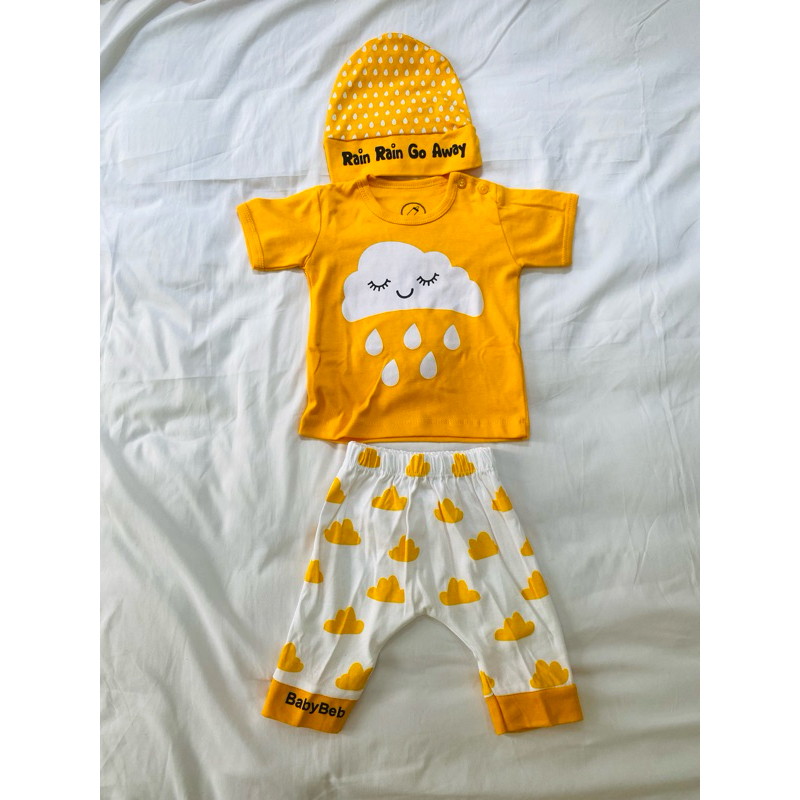 Baju Set Anak Laki Laki bayi lucu Topi Celana Motif Awan Hujan Cloud Rain