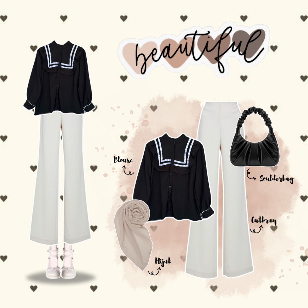4 IN 1 Set Hijab Korean Style Outfit Pantai Outfit Healing (BLOUSE, CELANA CUTBRAY, HIJAB, TAS) - SE