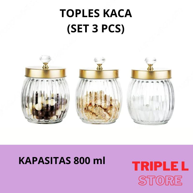 INFORMA Toples Stoples Kaca Kedap Udara Set 3 Pcs Tutup Gold Mewah