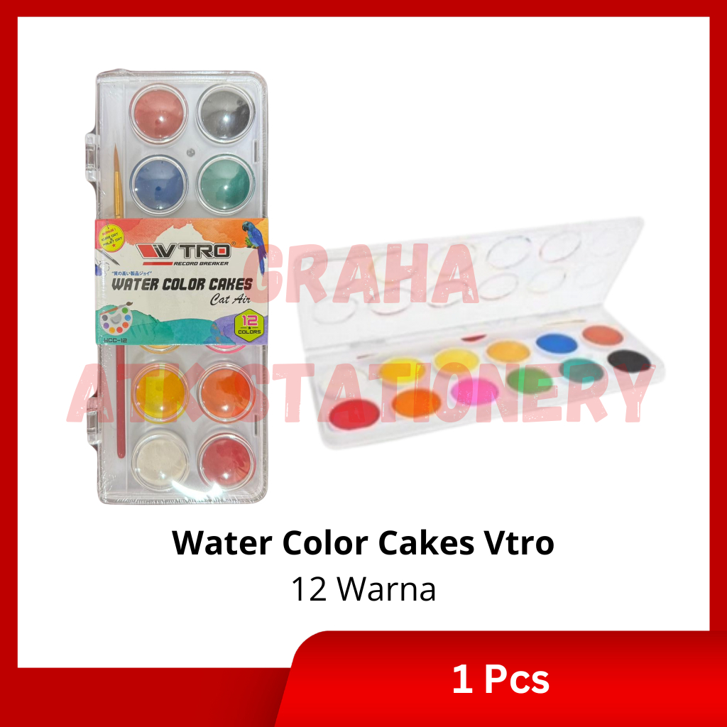 

[1 Set] Cat Air Water Color Cakes Vtro 12 Warna / Water Colour + Kuas Cat Palet Cat Vtro 12 Warna