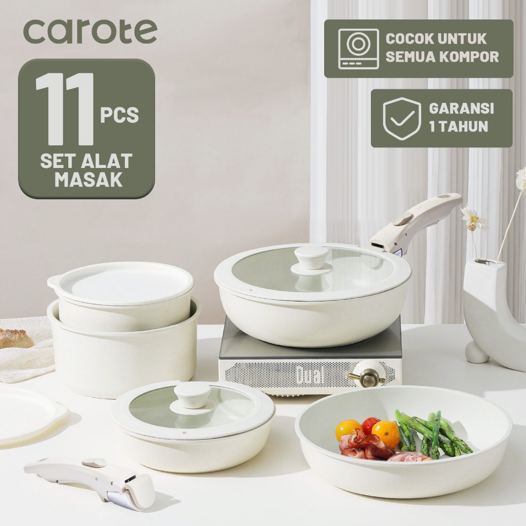 CAROTE Putih Granit Antilengket Peralatan Masak 11pcs Dengan Pegangan Yang Dapat Dilepas Panci Anti 