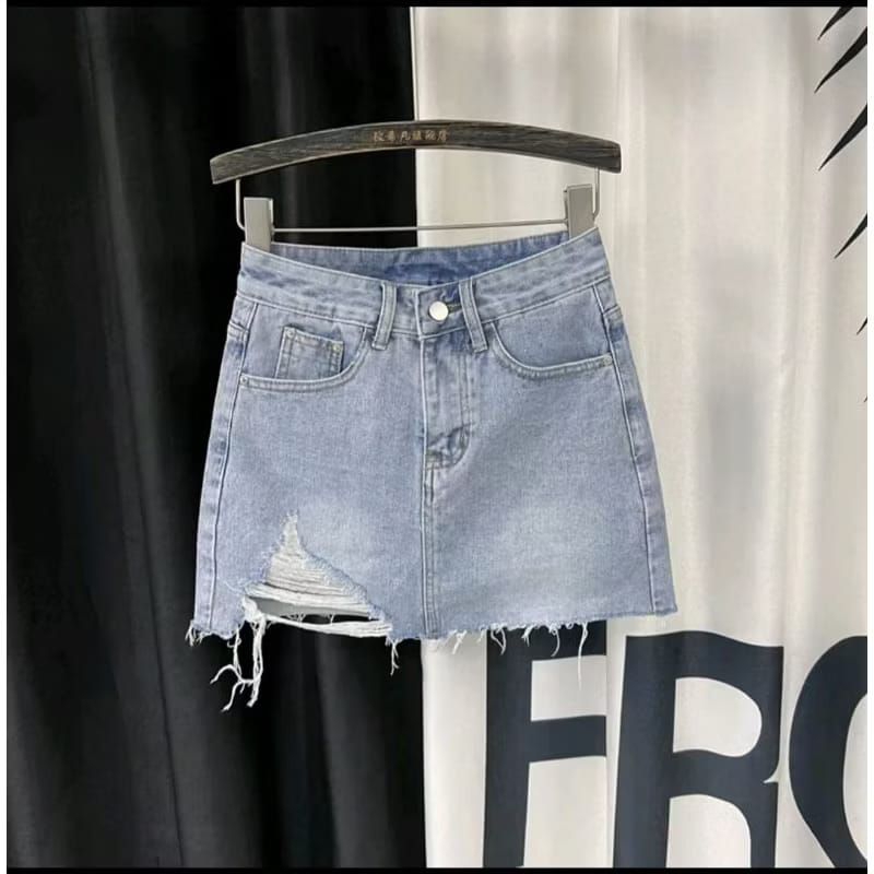 rok jeans wanita rok jeans pendek jumbo rok mini sobek jeans highwaist A-line skirt denim ripped min