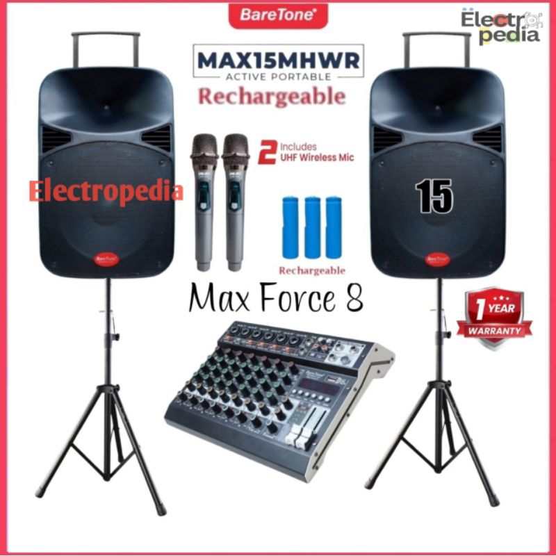 Paket Sound System Karoke Speaker Portable 15" Baretone MAX15MHWR Mixer Baretone 8ch Mic Wireless Vo