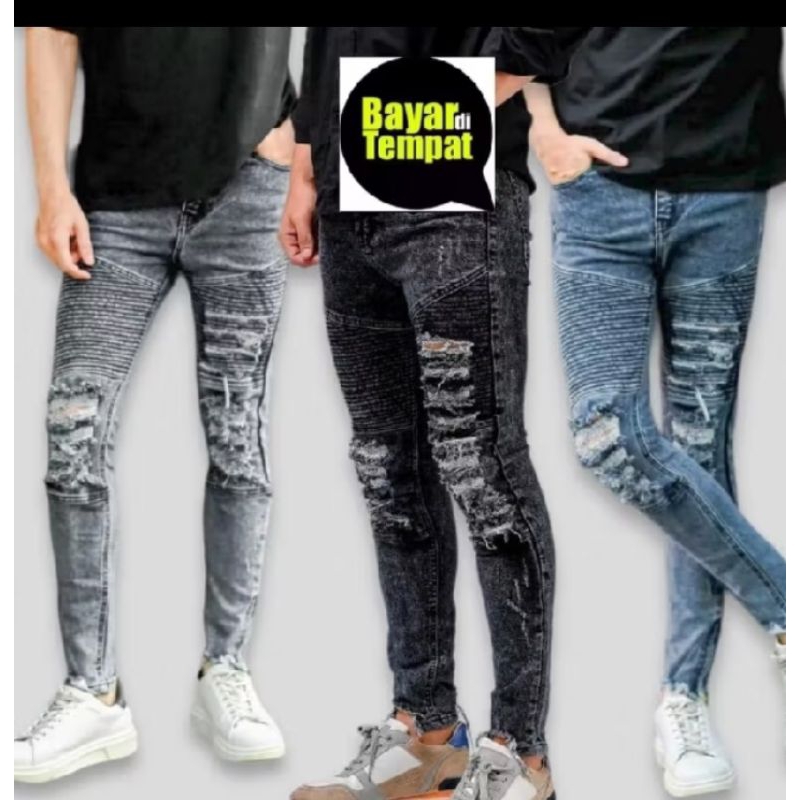 Celana Bikers Jeans Ripped full Skinny . Celana pria Motor Bikers Pria Premium Celana Jeans Sobek Ri