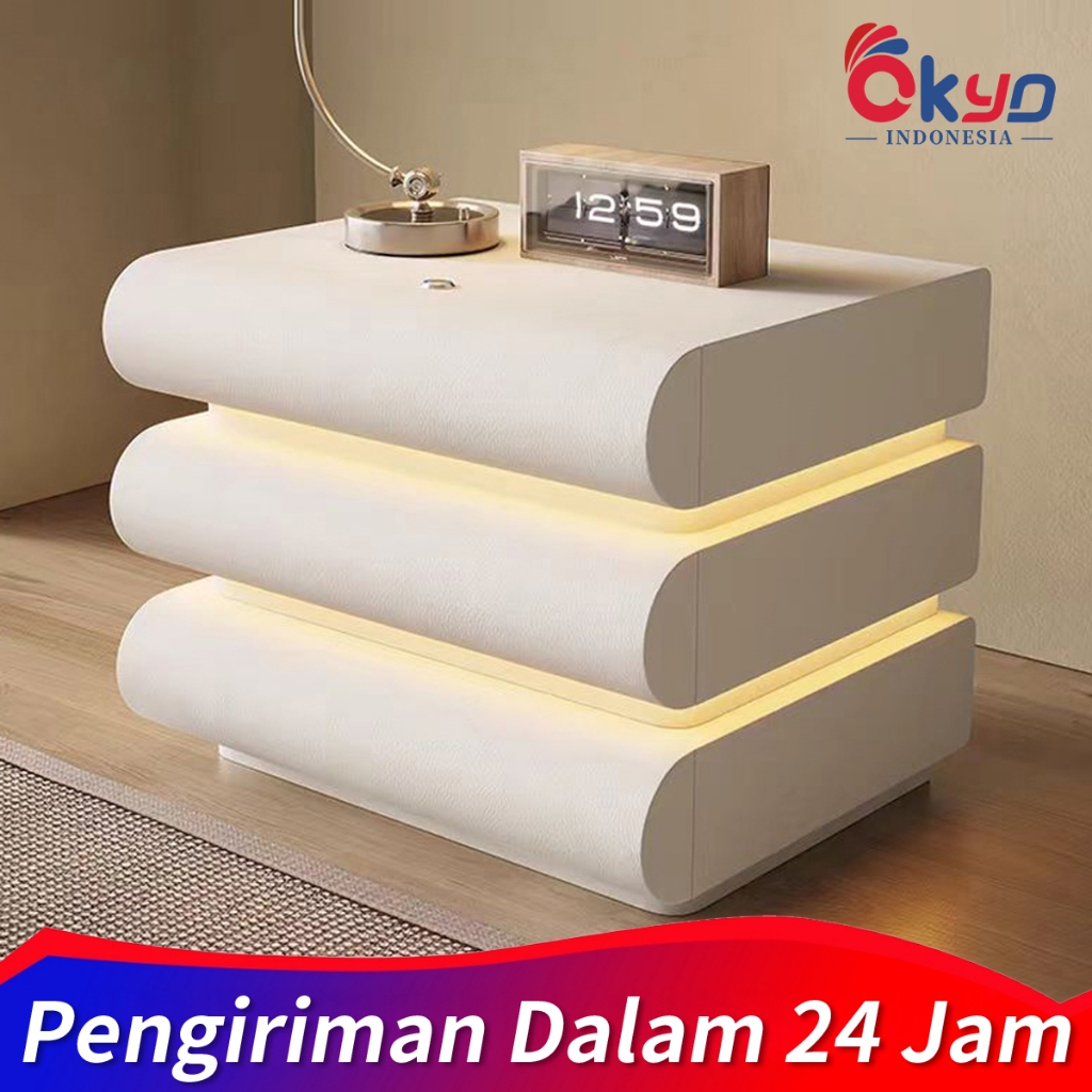 Meja Nakas Kayu 2 Laci Bedside/Lampu LED Smart Sensor Minimalis/Bedside Meja Samping/Table Meja Sudu