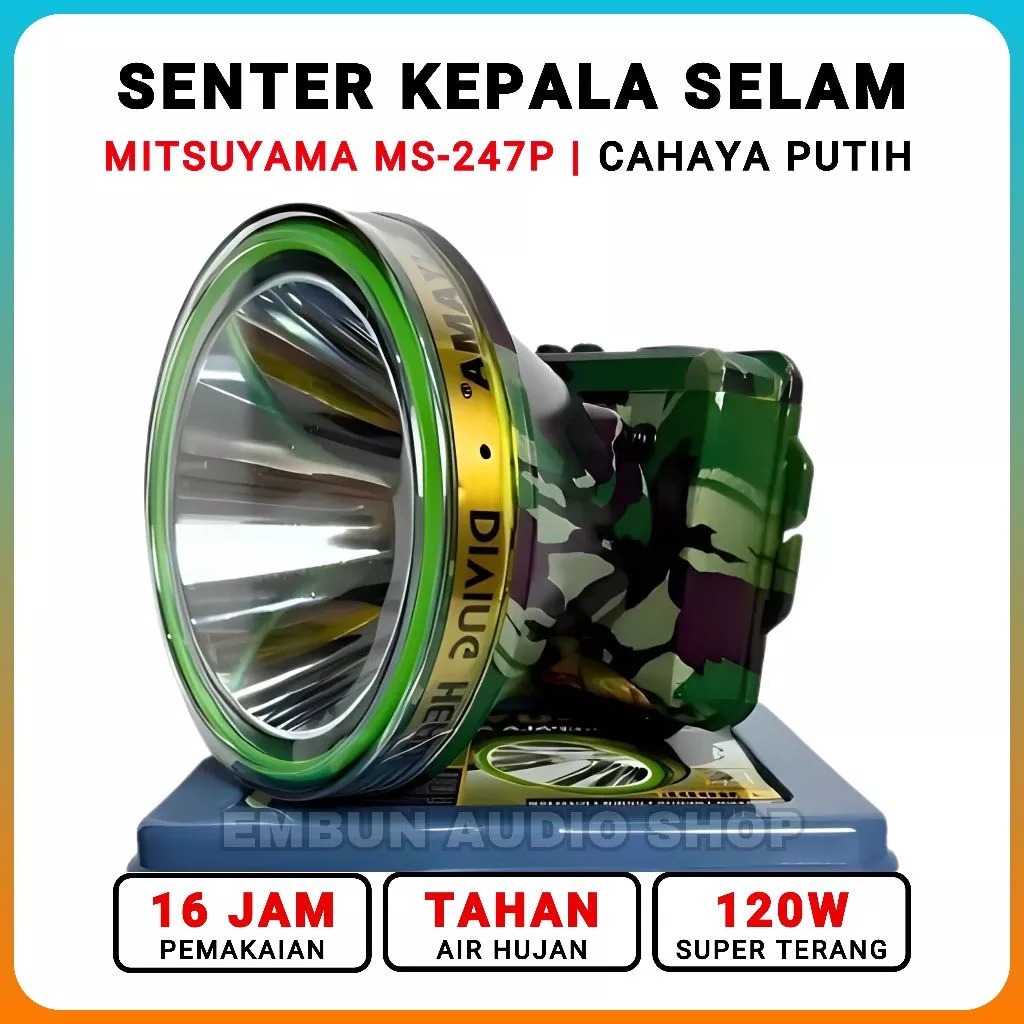 Senter Kepala Selam MITSUYAMA MS-247P 120 Watt - Head Lamp Diving 120W Mitsuyama MS-247P Cahaya Puti