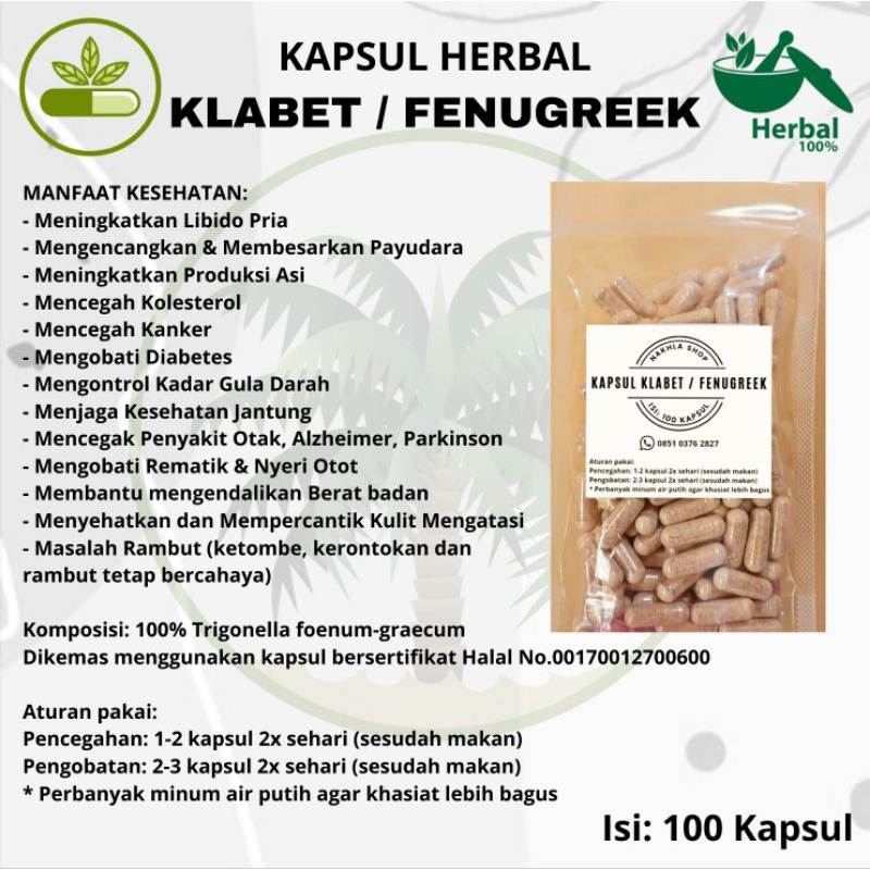 

Kapsul KLABET/FENUGREEK/METHI SEEDS isi 100 Suplemen Herbal Jamu Asli