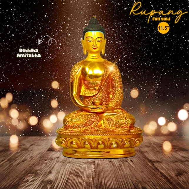 Rupang/Patung Arca Buddha Amitabha Amitofo Kuningan 11,5" Full Gold Berkualitas
