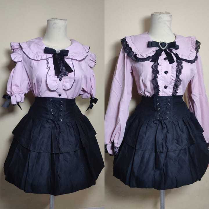 Kuropinqu JIRAI KEI OUTFIT STYLE JAPANESE BLUS SKIRT ROK JIRAIKEI HITAM PINK