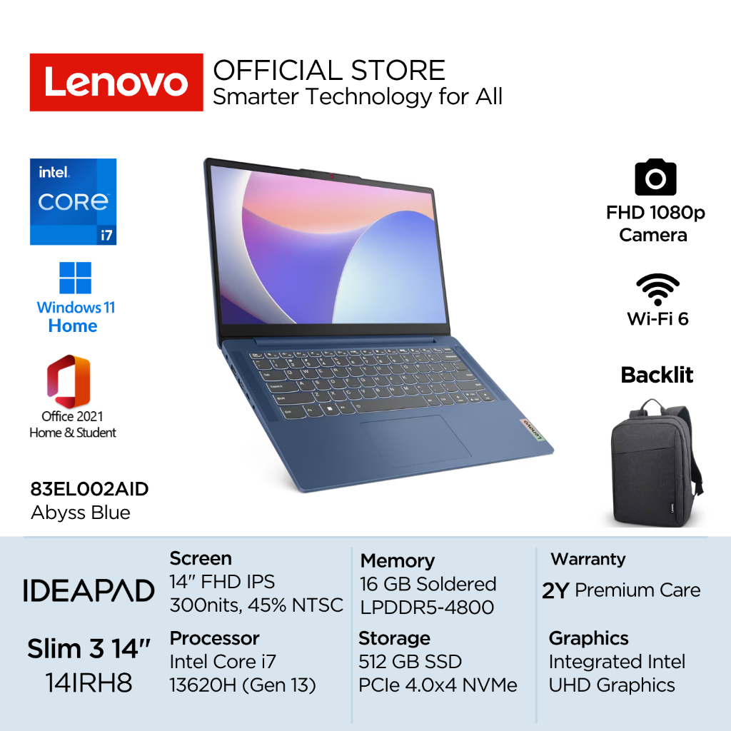 Lenovo IdeaPad Slim 3i 14IRH8 Intel Core i7 13620H Win11 Home 16GB Soldered 512GB SSD 14" FHD IPS 45