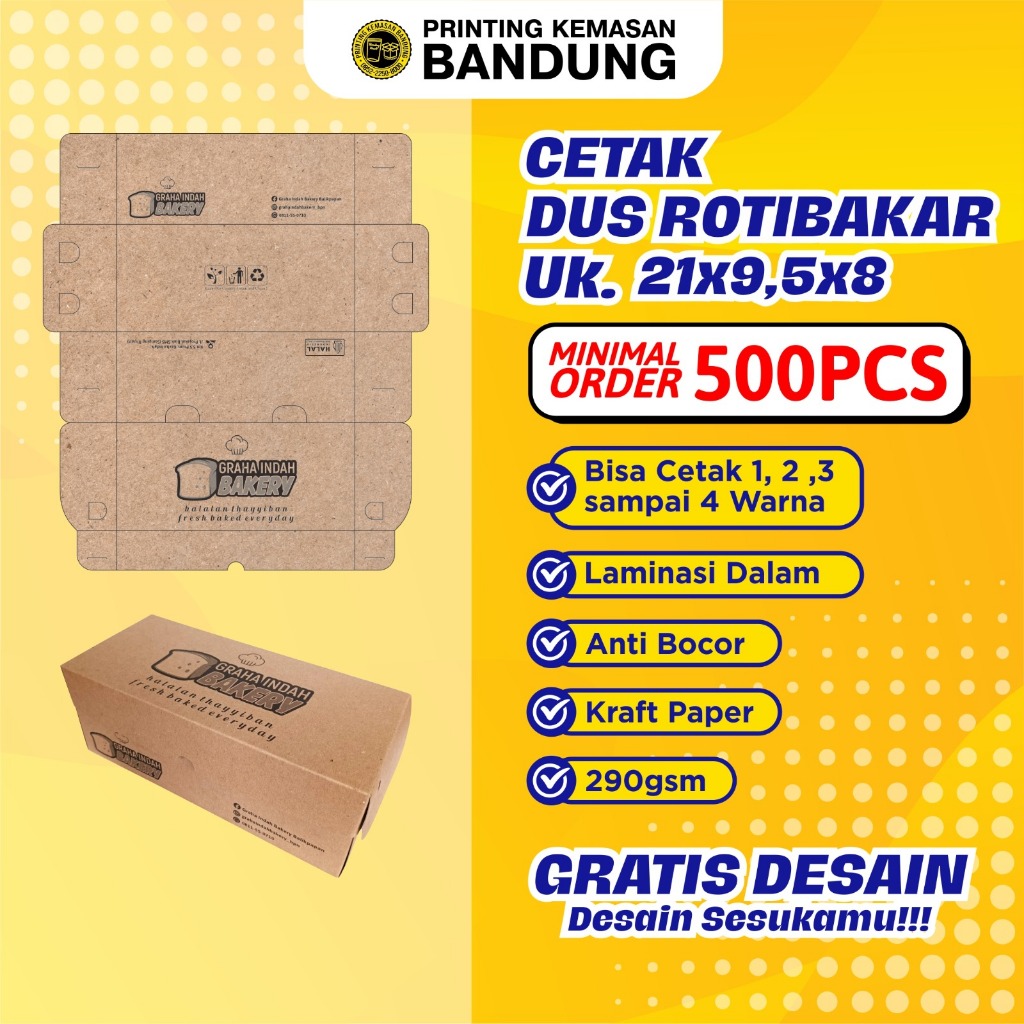 Custom cetak printing warna Dus Roti Bakar Bandung Box min order 500 pcs Kraft 290gsm Kotak Brownies
