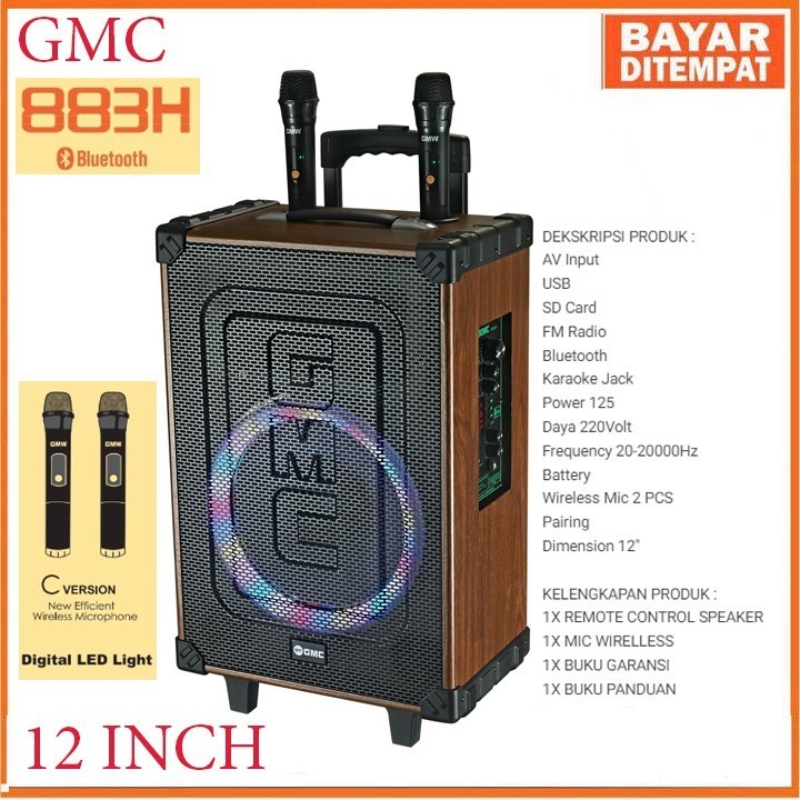 Gmc Speaker Portable 883H 12 Inch Speaker Karaoke Bluetooth mic 2 Wireless