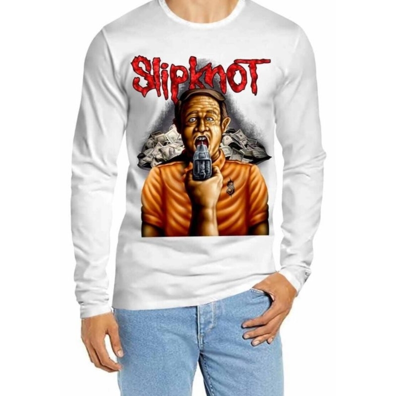 BAJU ATASAN T-SHIRT LENGAN PANJANG GAMBAR SLIPKNOT SENAPAN MOTIF DTF DIGITAL PRINT TERBARU KAOS DIST