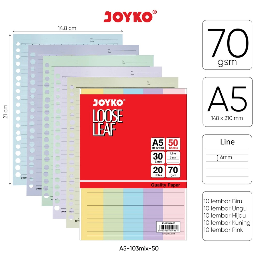

Joyko - Loose Leaf Color Isi Kertas File Binder Warna A5 50 Lembar