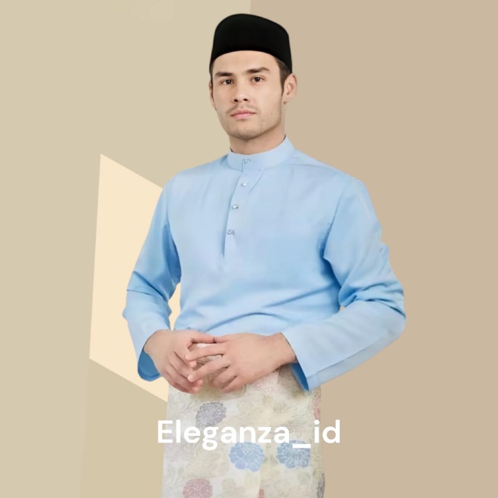Setelan Baju Melayu Pria Teluk Belanga Bahan Katun Toyobo Warna Baby Blue Satu Set Baju dan Celana C