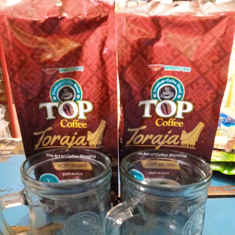 

kopi top coffee toraja. kopi bubuk murni 158gr. berhadia gelas cantik