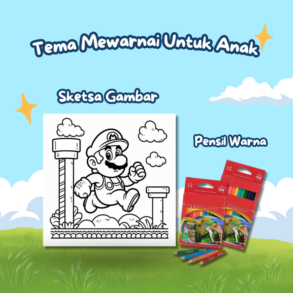 

Kertas Gambar Mewarnai Untuk Anak Tk & Paud Tema : Mario Isi 20 Lembar Mewarnai + Pensil Warna