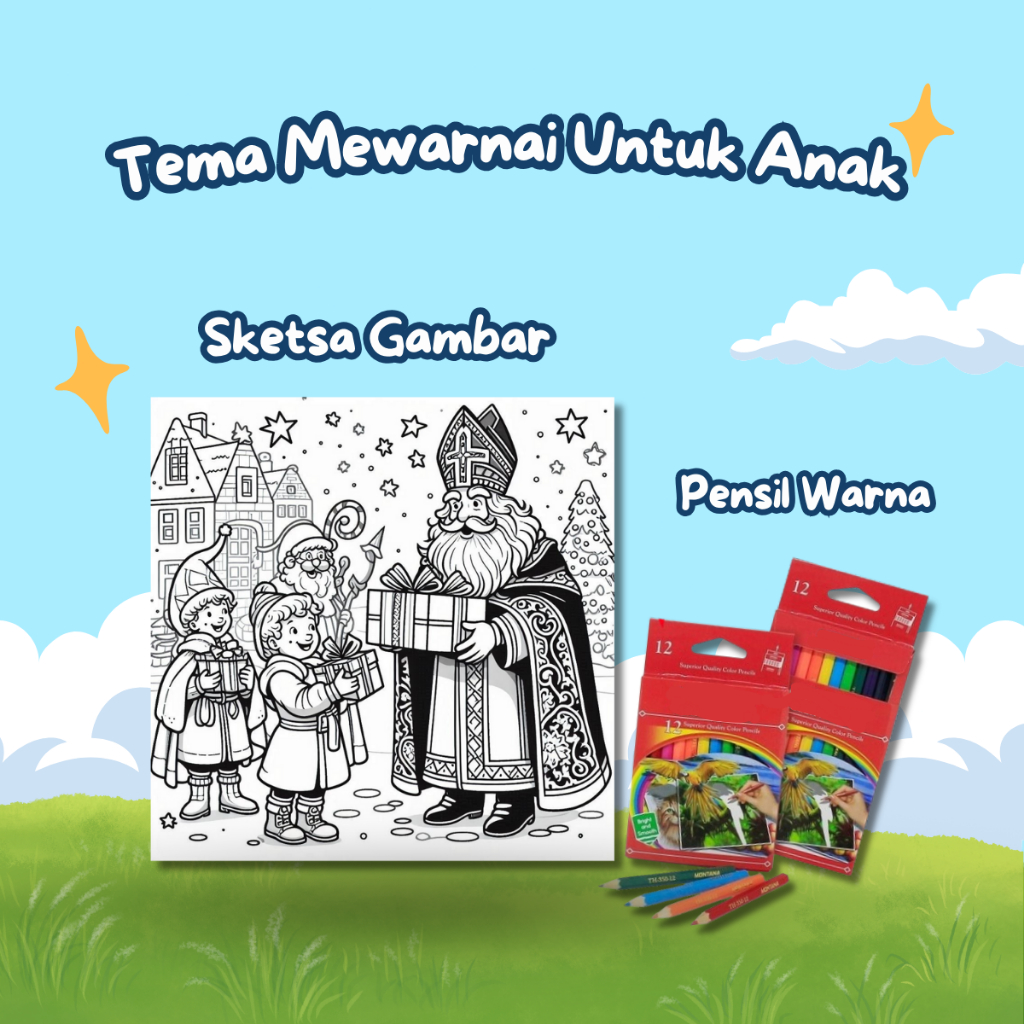 

Kertas Gambar Mewarnai Untuk Anak Tk & Paud Tema : Sinterclaas Isi 20 Lembar Mewarnai + Pensil Warna