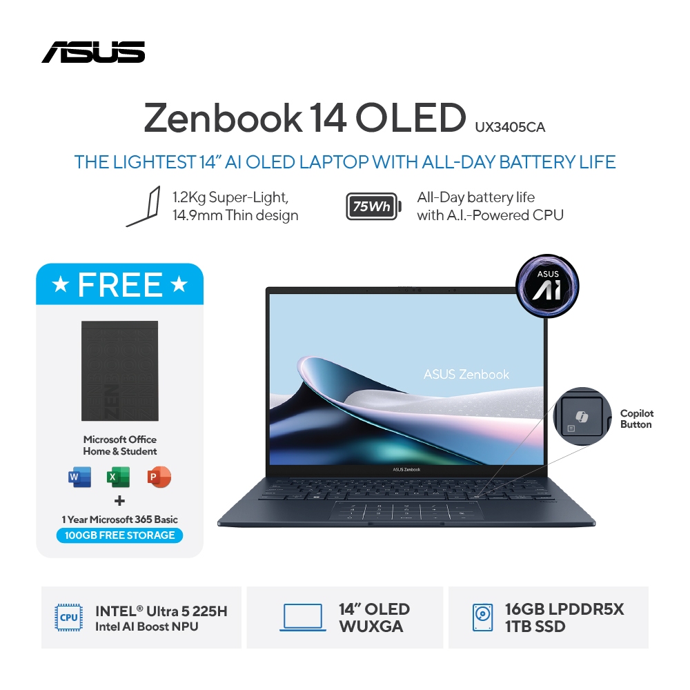 (FREE MOUSE) ASUS Zenbook 14 OLED UX3405CA-OLED5111TM - Ponder Blue [Intel Core Ultra 5 / Intel Arc 