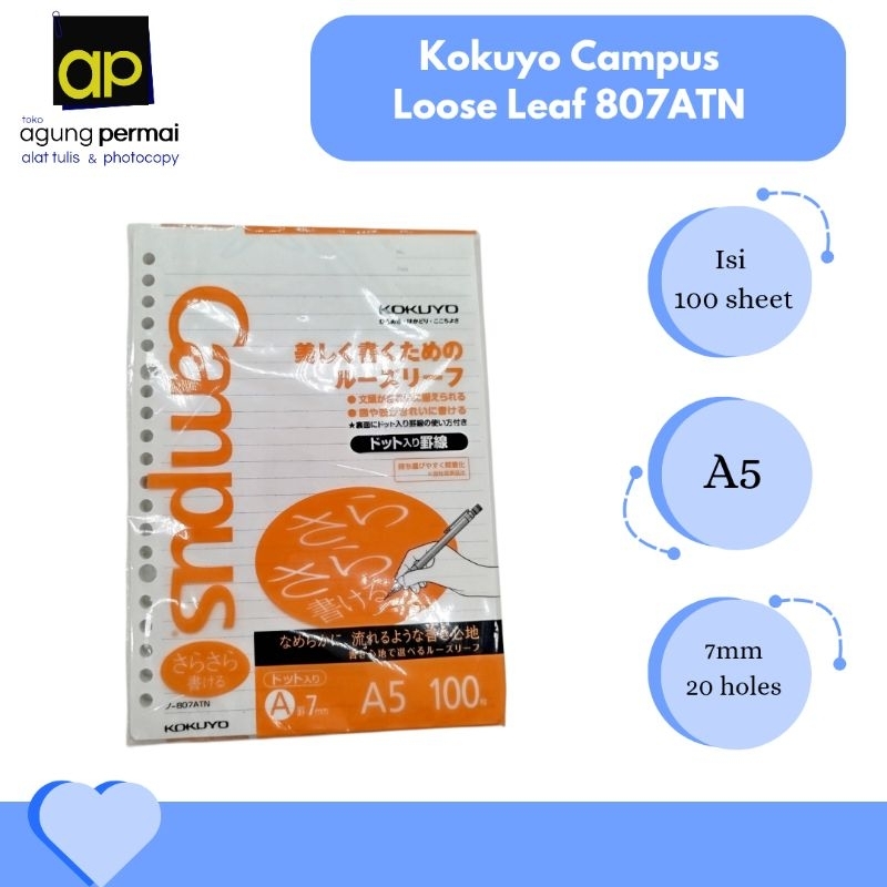 

Kokuyo Campus Loose Leaf 807AT - A5 - 7mm - 20 Holes - 100 Sheets