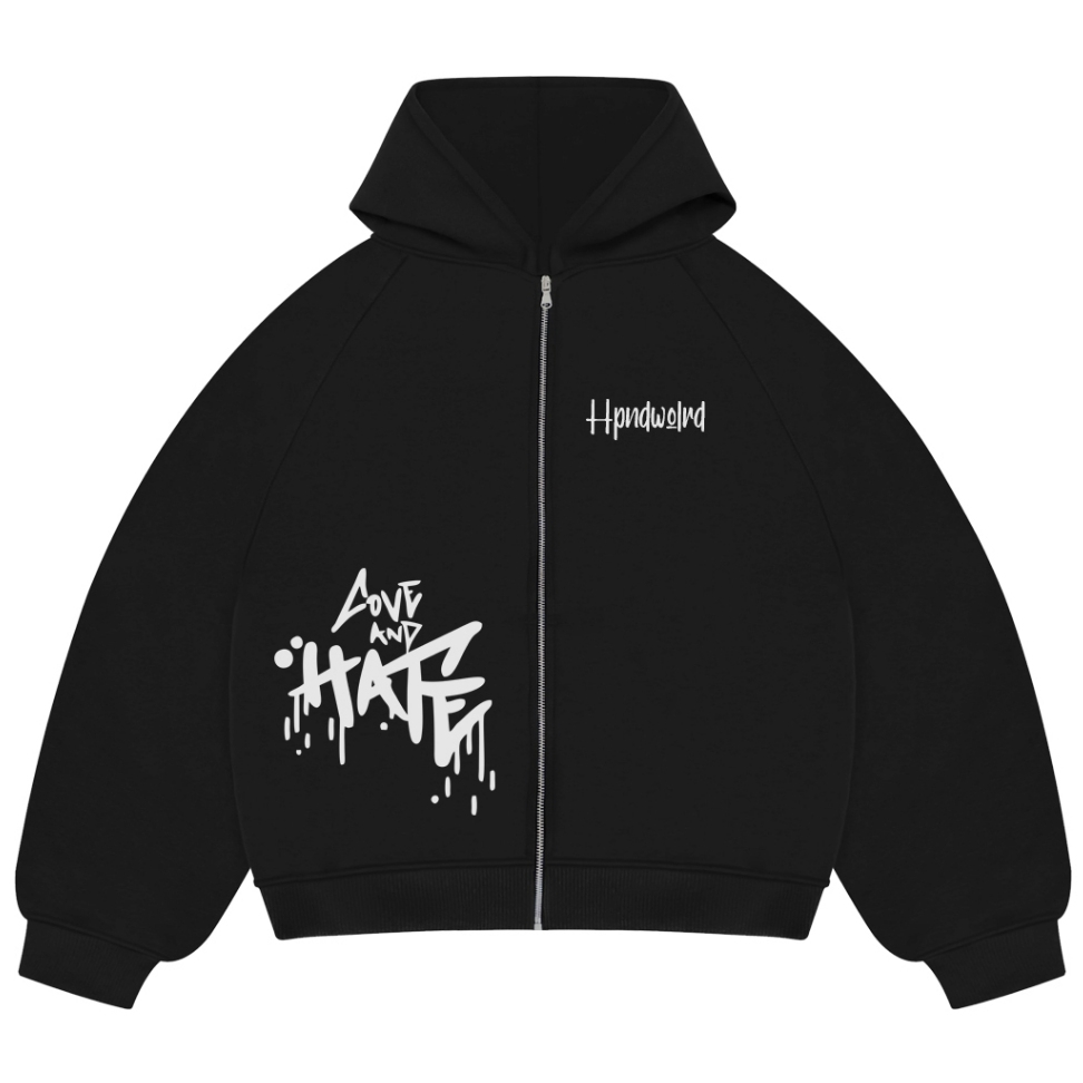 HPND - Hoodie Boxy Hitam Love And Hate / Zipper Hoodie Boxy / Zipper Boxy 280-300gsm Fleece