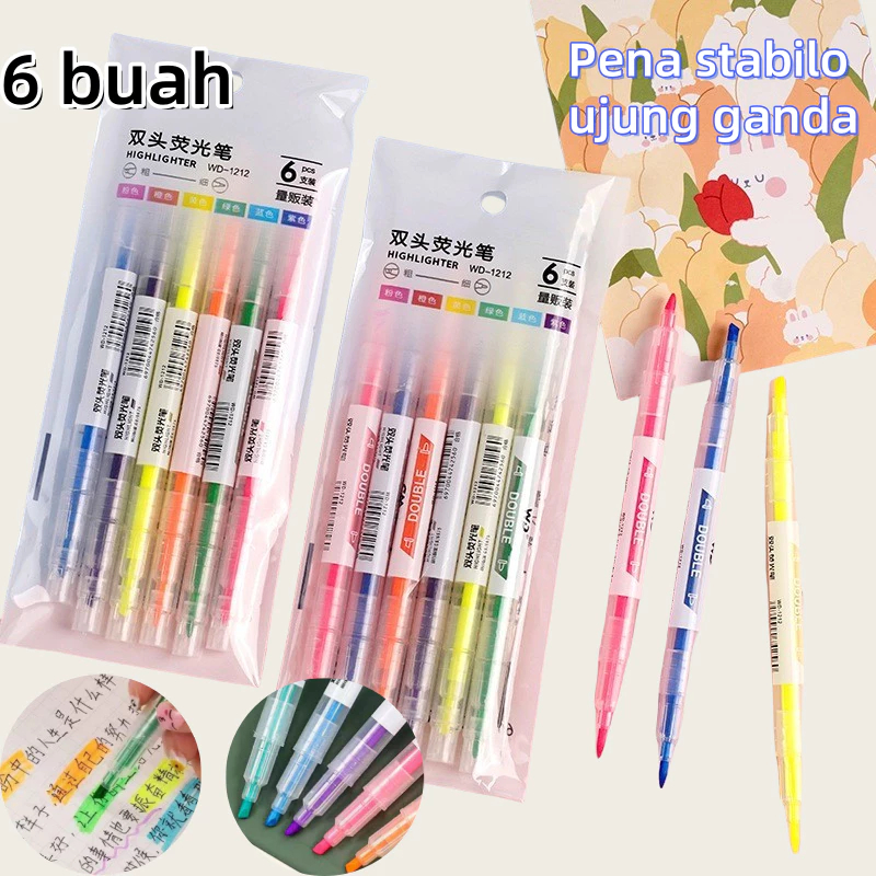 

YS28 Highlighter Dua Sisi Warna isi 6Pcs Pen 2 sisi stabilo 1 pack isi 6 warna ATK stationary penanda buku