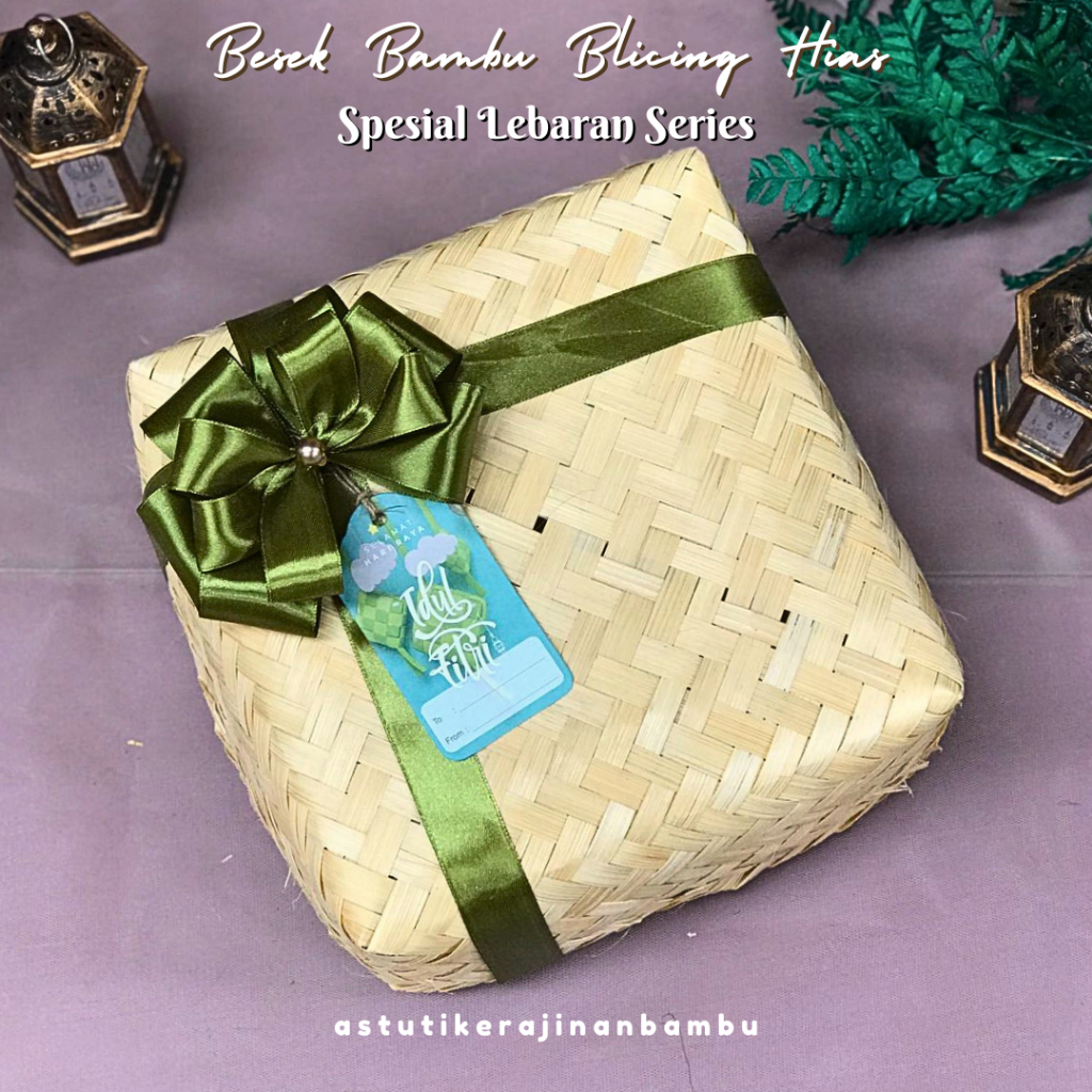 Satu Pasang Besek Bambu Blicing Hias Pita Ribbon Spesial Lebaran 2025 Besek Bambu Wadah makanan Wada