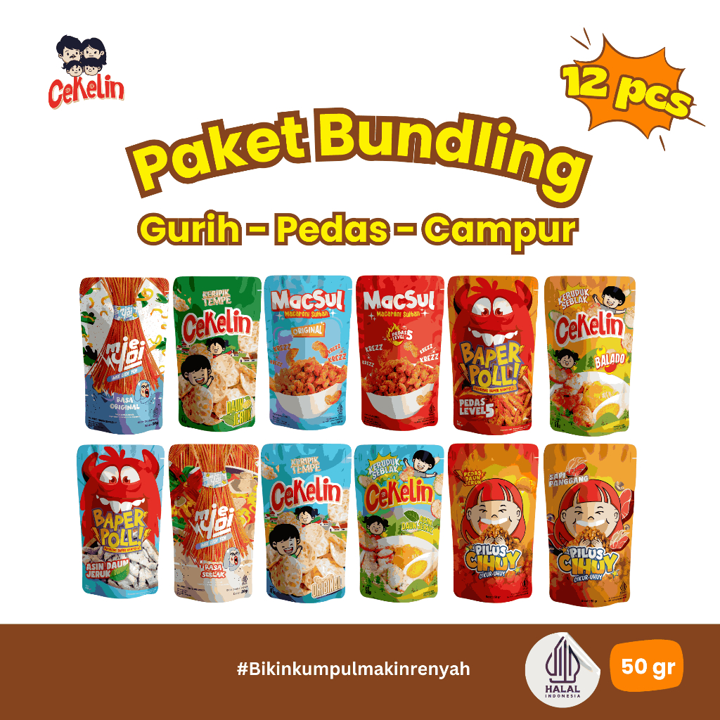 

CEKELIN Paket Bundling 12pcs Cemilan Makaroni Mie Lidi Basreng Keripik Tempe Pilus Kerupuk Seblak