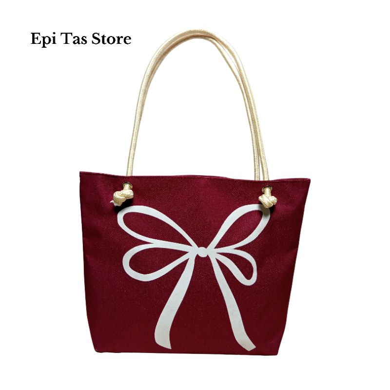 ETS - Totebag Wanita Motif Pita Besar Tali Sumbu Resleting