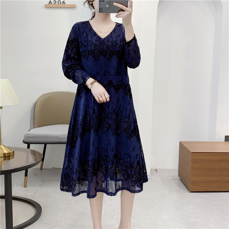 DEARMODIS 95 dress gaun navy biru tua lining brokat lace Lengan Panjang Leher V Gaya Korea Midi