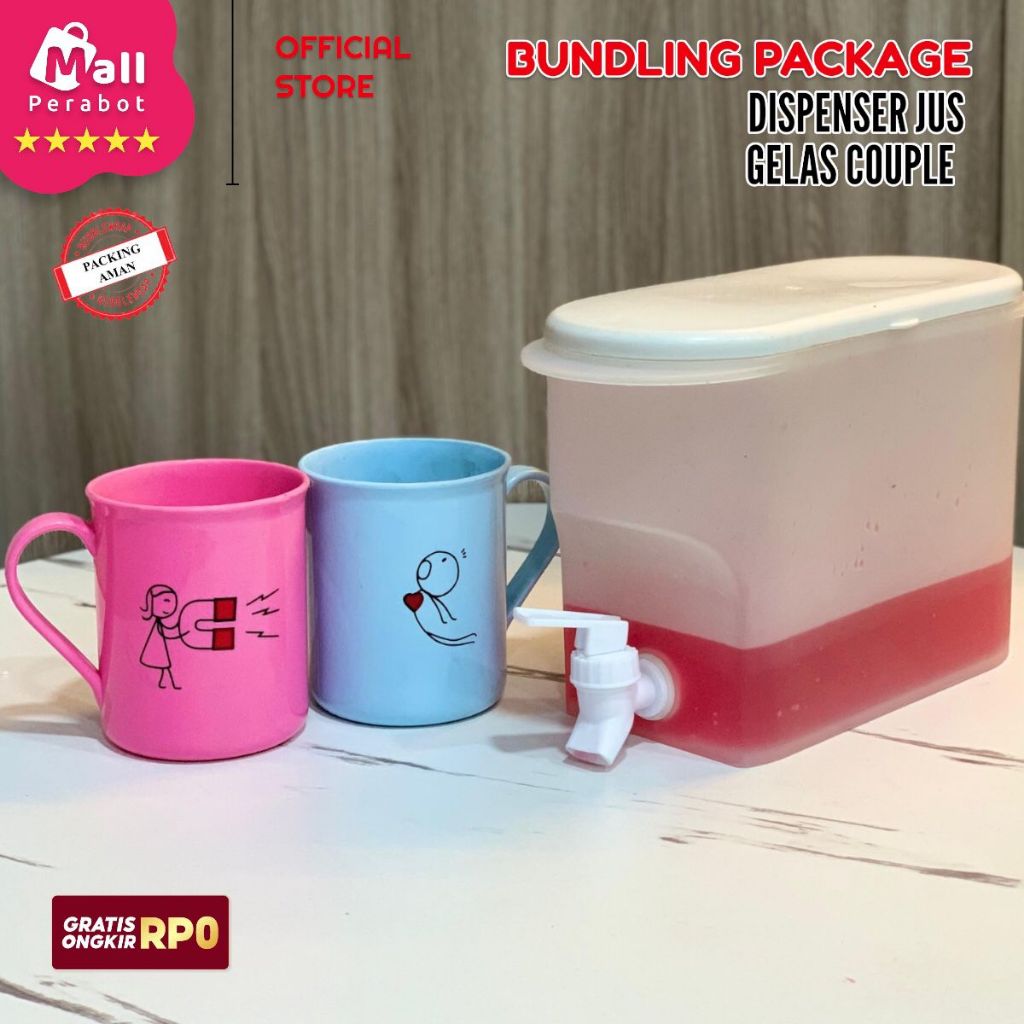 Mall Perabot Bundling Dispenser Juice Portable 3.5 Liter Dan Gelas Tempat Air Minum Jus Mug Plastik