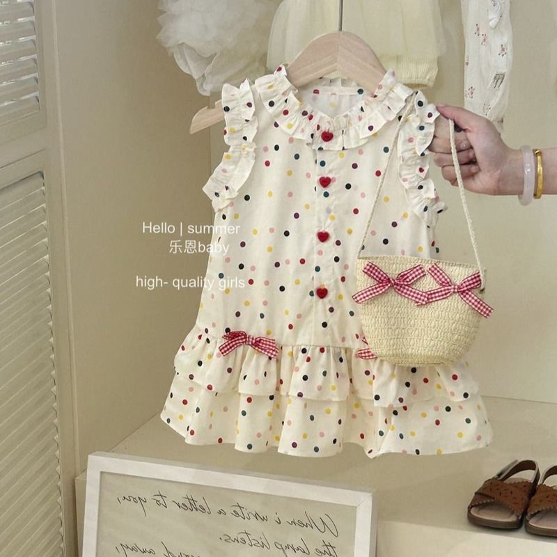 Baju Dress Anak Cream Polkadot Pita Free Tas Umur 9bulan - 3 Tahun