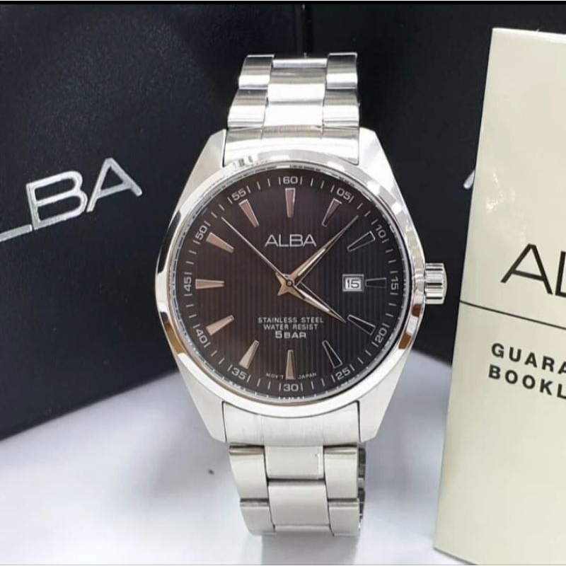 JAM TANGAN PRIA ALBA ORIGINAL AG8387 SILVER PLAT HITAM