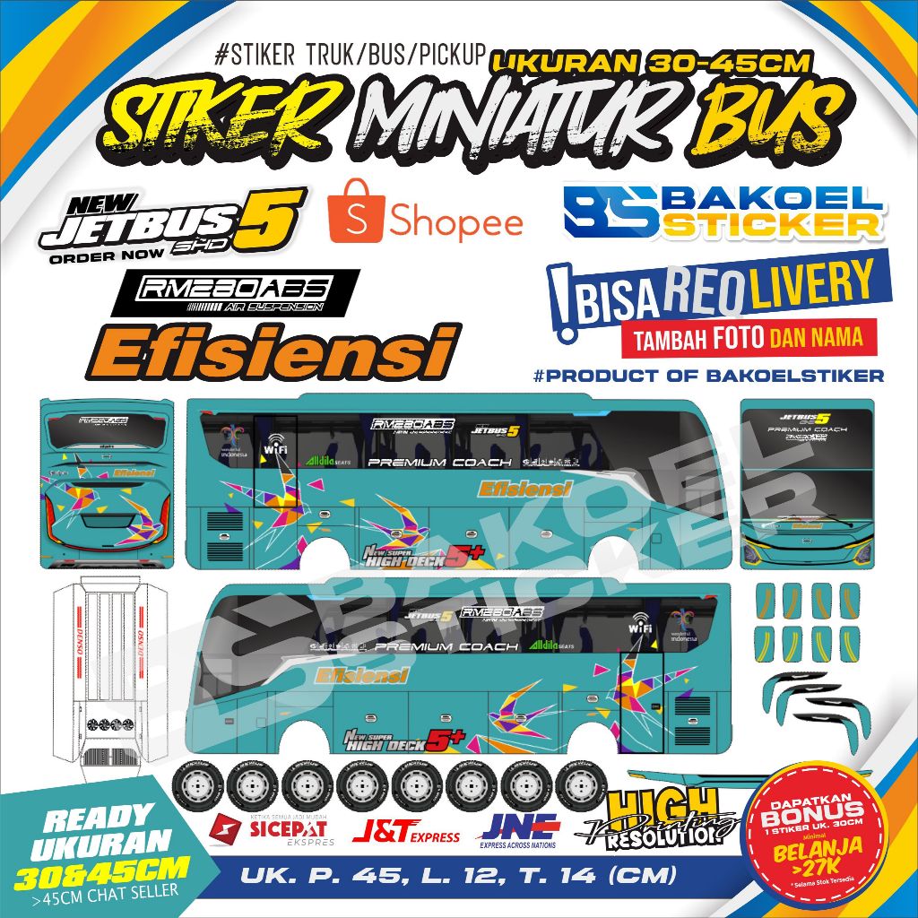 STIKER MINIATUR BUS PO. EFISIENSI TIVIDI JETBUS 5 NEW UK. 30-45CM