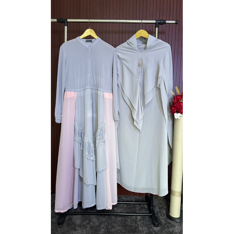 Ranee bruggman dress wanita abu abu pink lengan panjang ruffle preloved