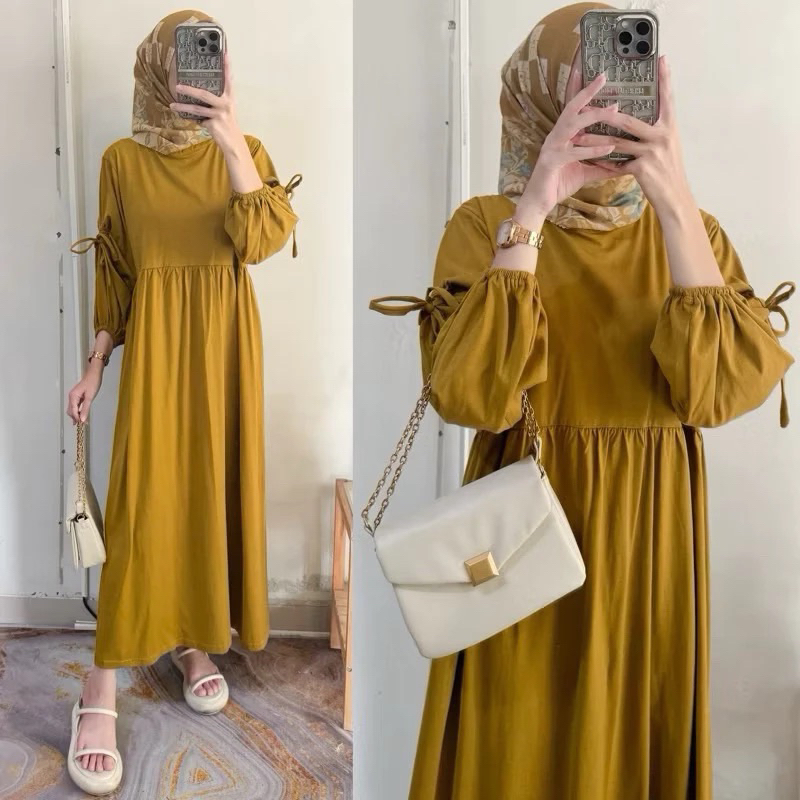 Nabila Midi Dress / Gamis Lengan Panjang variasi Serut / Midi Dress Wanita Rayon Twill Premium