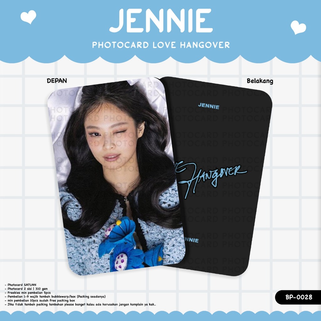 PHOTOCARD JENNIE SOLO ALBUM LOVE HANGOVER UNOFFICIAL 2 SISI LAMINASI GLOSSY DEPAN BELAKANG PHOTOCARD