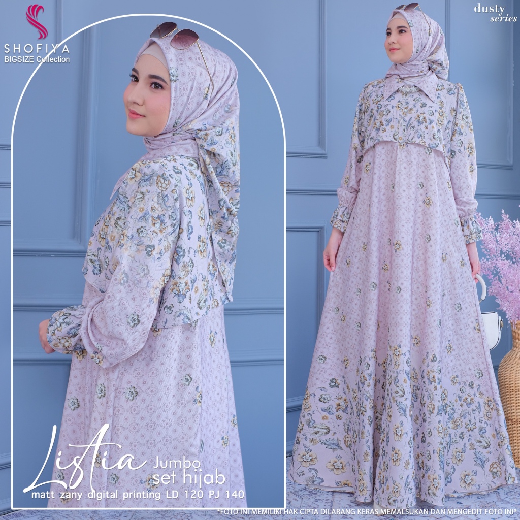 Lizzia dress gamis set hijab wanita ibu ibu jumbo ld 120 matt zany bunga model baru terbaru lebaran