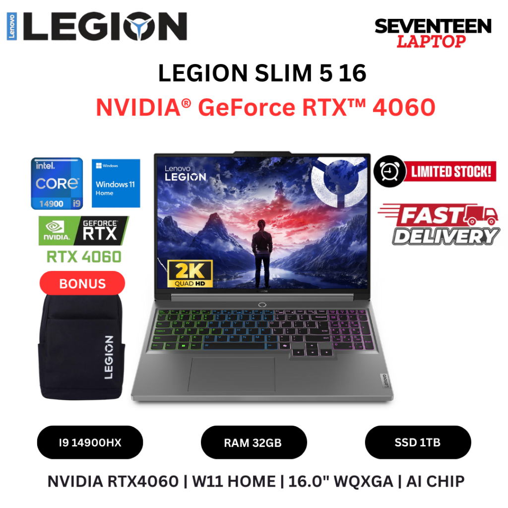 LAPTOP LENOVO LEGION 5 16 NVIDIA RTX4060 INTEL CORE I9 14900HX 32GB RAM 1TB SSD 16.0 QHD WIN 11