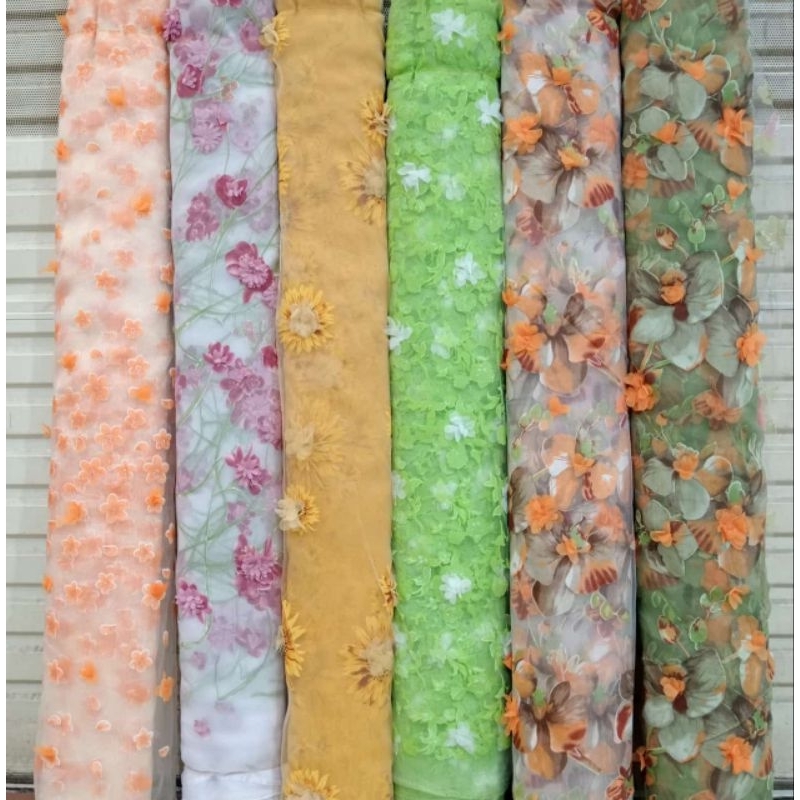 Kain/bahan organza motif bunga 3D/bunga timbul