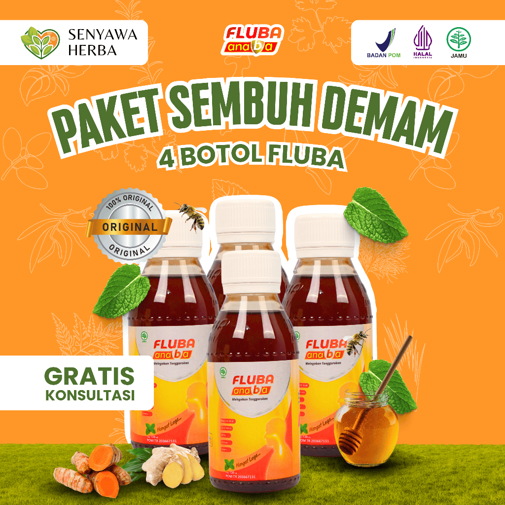 Paket 4 Botol FLUBA ANABA Madu Obat Herbal Atasi Masalah Flu & Batuk Anak, Dewasa dan Ibu Menyusui