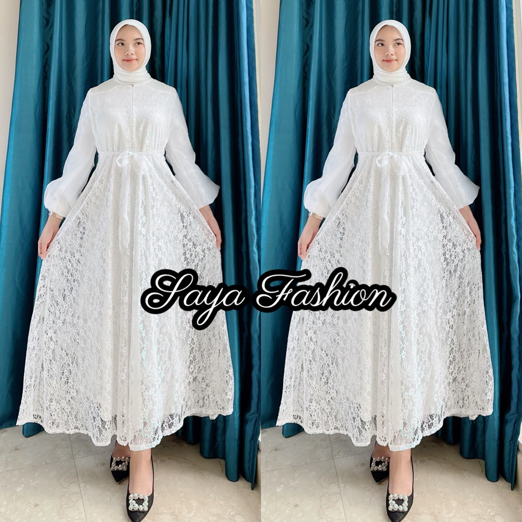 Gamis Putih Busui Brukat Organza Polos Baju Muslim Lebaran 75611